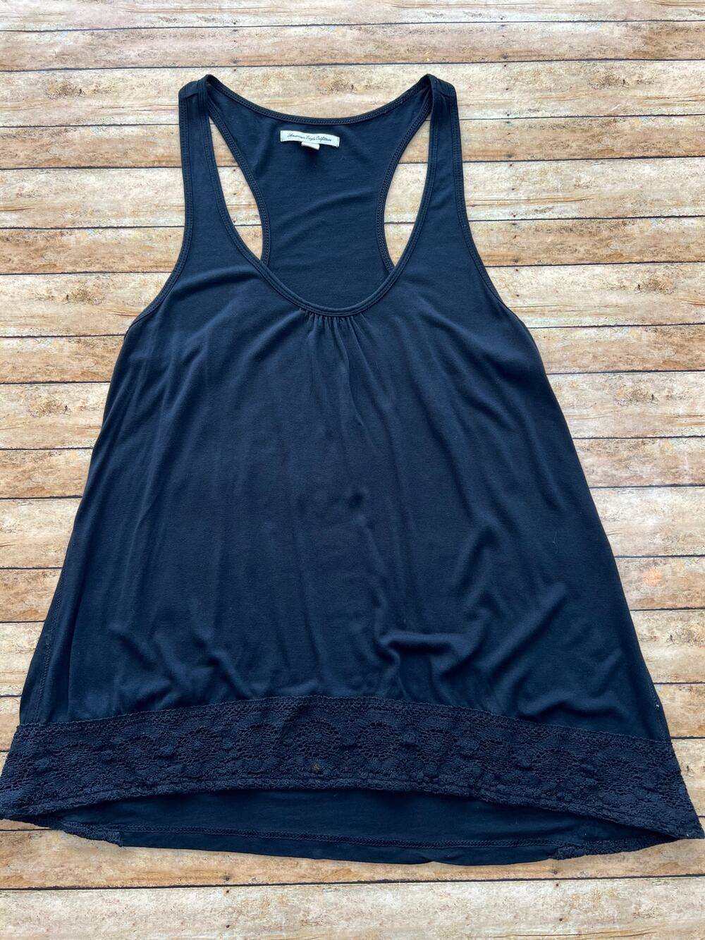 American Eagle Black Racerback Tank Top Lace Hem Size Small